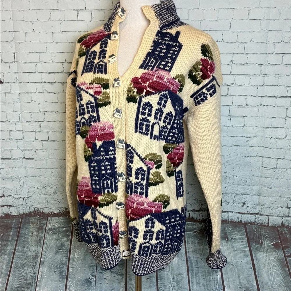 Vintage Hand Knitted South Wool 100% Virgin Wool Graphic Homestead Sweater Sz S - Picture 1 of 16